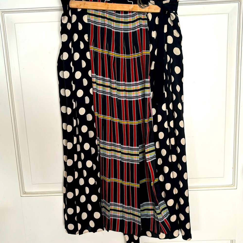 Zara Woman pleated wrap skirt in multi pattern polka dot plaid size large